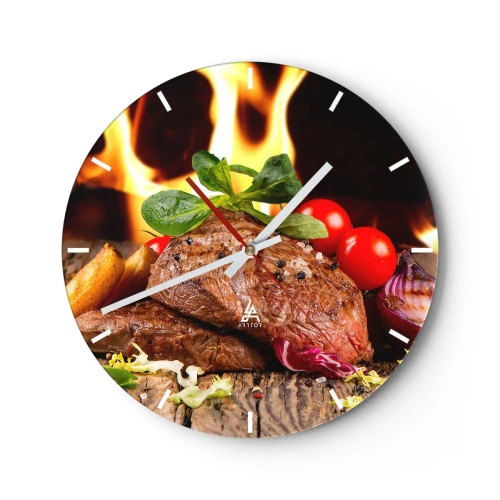 Ceas de perete - Ceas pe sticlă - Friptură cu legume la foc - 30x30cm - Înconjurată de ardoare - Decorațiune modernă pentru perete pentru living, bucătărie și dormitor ARTTOR