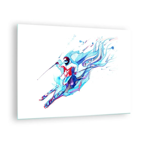 Tablou pe sticlă - O figură dinamică a unui schior în culori abstracte - 70x50cm - Graba nebună după bucurie - Decorațiune modernă pentru perete pentru living și dormitor ARTTOR