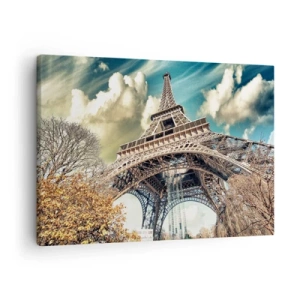 Tablou pe pânză Canvas - Turnul Eiffel de jos într-un cadru autumnal - 70x50cm - Și la Paris, în toamna anului .... - Decorațiune modernă pentru perete pentru living și dormitor ARTTOR