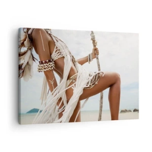 Tablou pe pânză Canvas - Figură feminină în ornamente și haine etnice pe fundalul unui peisaj tropical. - 70x50cm - Preoteasa Soarelui - Decorațiune modernă pentru perete pentru living și dormitor ARTTOR