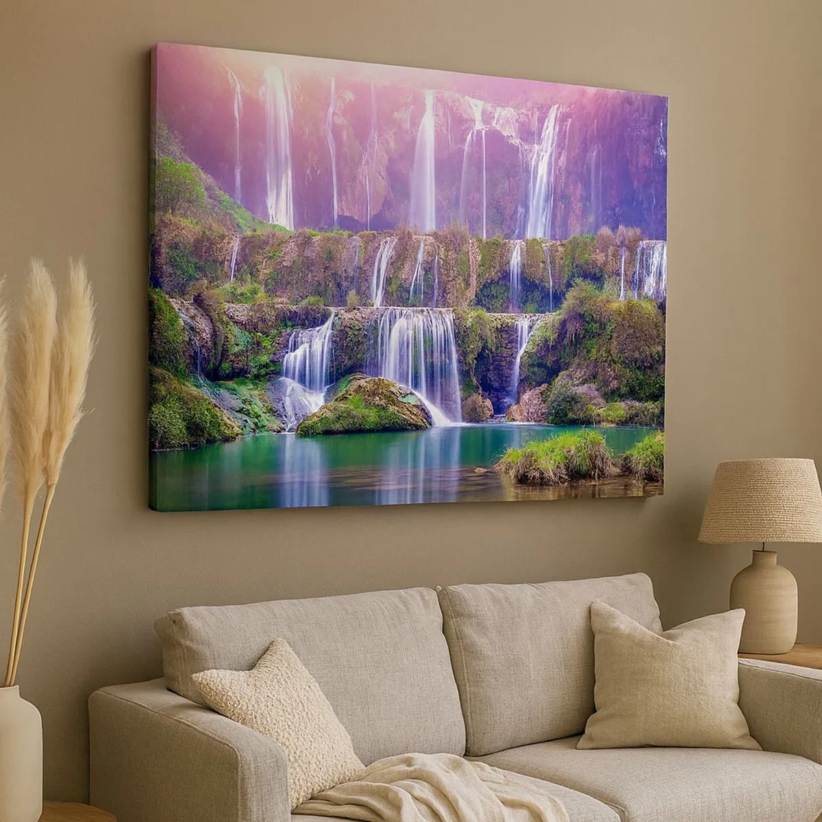 Tablou pe pânză Canvas - Cascade înconjurate de verdeață, cu iluminare pastelată - 70x50cm - Scara către cer - Decorațiune modernă pentru perete pentru living și dormitor ARTTOR