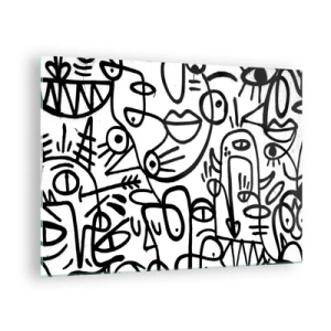 Tablou pe sticlă - Abstracție alb-negru cu ochi, fețe și linii - 70x50cm - Chipuri și miraje - Decorațiune modernă pentru perete pentru living și dormitor ARTTOR