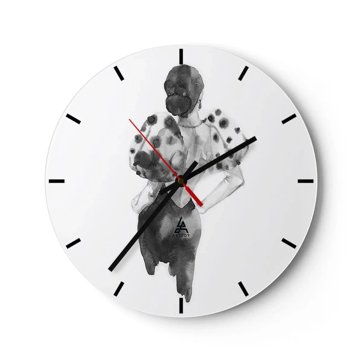 Ceas de perete - Ceas pe sticlă - Ilustrație alb-negru a unei femei într-o rochie elegantă - 30x30cm - A trecut chiar pe lângă noi - Decorațiune modernă pentru perete pentru living, bucătărie și dormitor ARTTOR