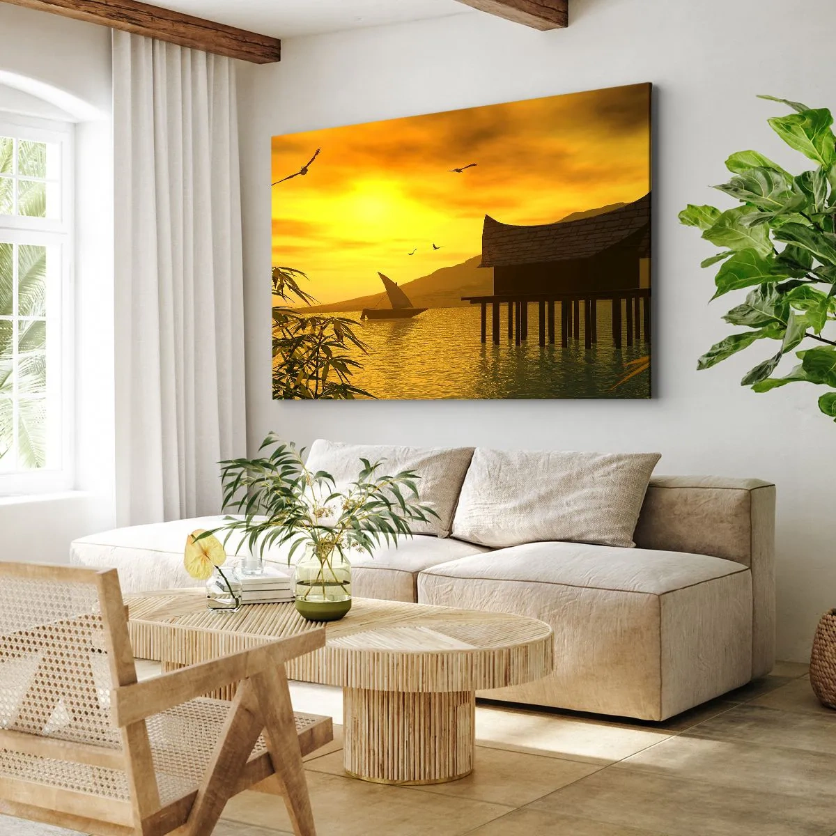 Tablou pe pânză Canvas - Apus de soare tropical peste apă cu o casă din lemn pe piloni. - 70x50cm - Pacea dorită - Decorațiune modernă pentru perete pentru living și dormitor ARTTOR