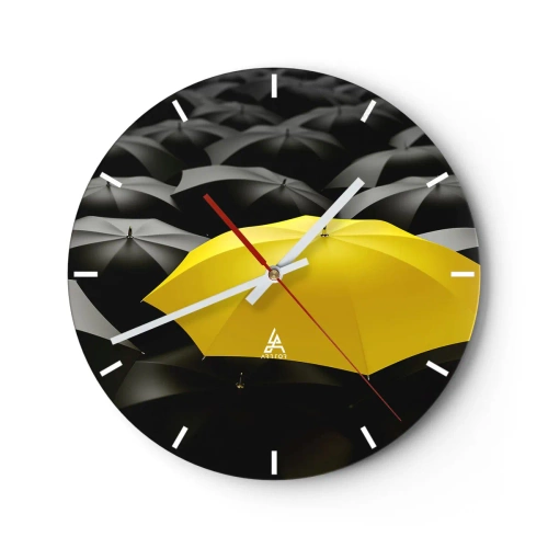 Ceas de perete - Ceas pe sticlă - O umbrelă galbenă iese în evidență pe fundalul negru - 30x30cm - La revedere, tristețe - Decorațiune modernă pentru perete pentru living, bucătărie și dormitor ARTTOR