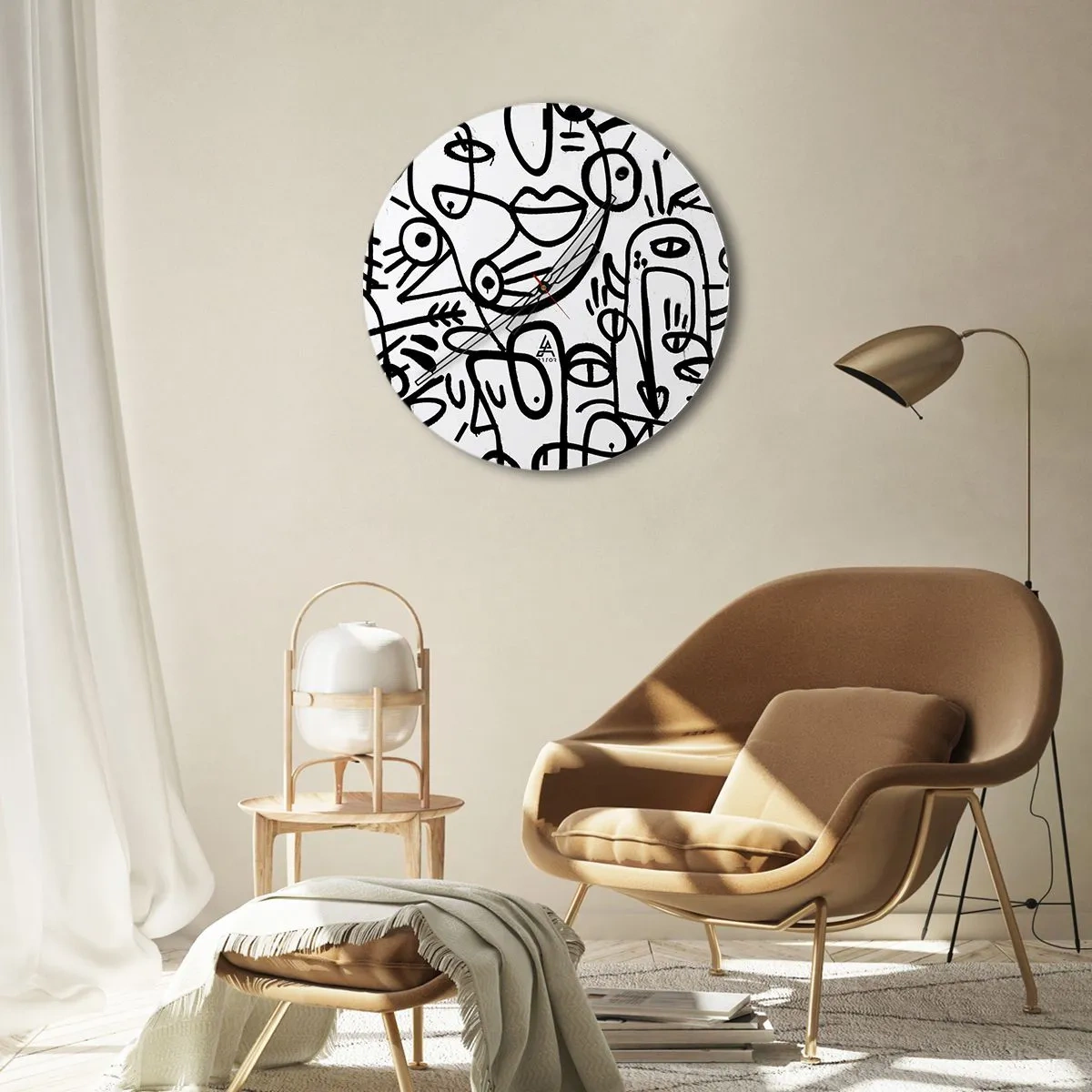 Ceas de perete - Ceas pe sticlă - Fețe de artă liniară abstractă pe fundal alb - 30x30cm - Chipuri și miraje - Decorațiune modernă pentru perete pentru living, bucătărie și dormitor ARTTOR