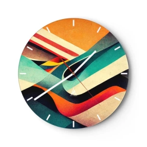 Ceas de perete - Ceas pe sticlă - Valuri și dungi colorate într-o formă geometrică abstractă - 30x30cm - Compoziție intensă - Decorațiune modernă pentru perete pentru living, bucătărie și dormitor ARTTOR