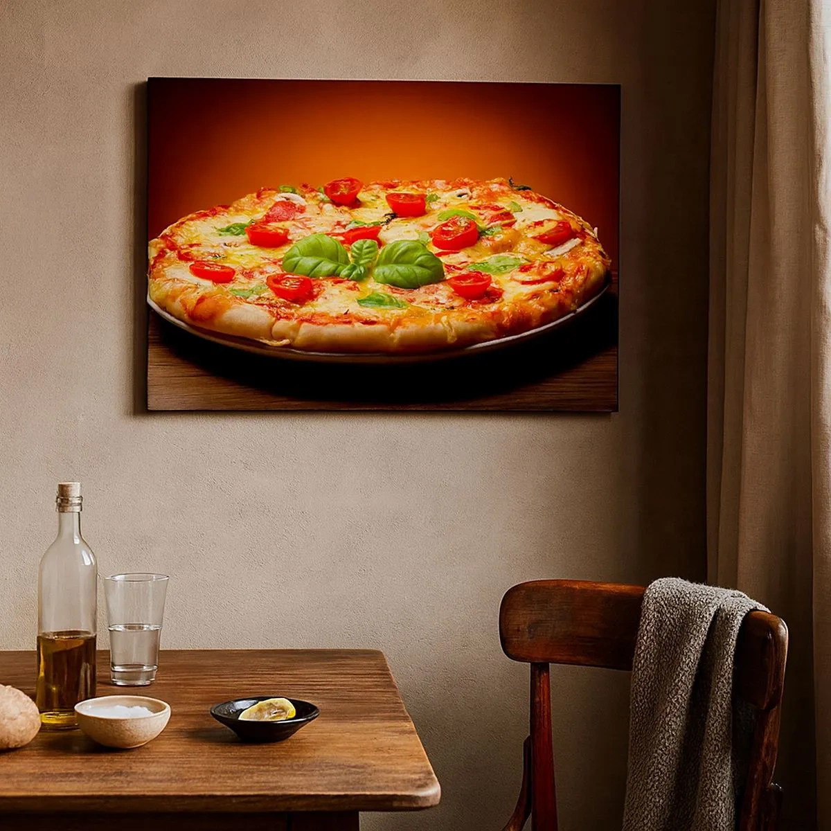 Tablou pe pânză Canvas - Pizza cu roșii și busuioc pe o masă de lemn - 70x50cm - Mamma mia! - Decorațiune modernă pentru perete pentru living și dormitor ARTTOR