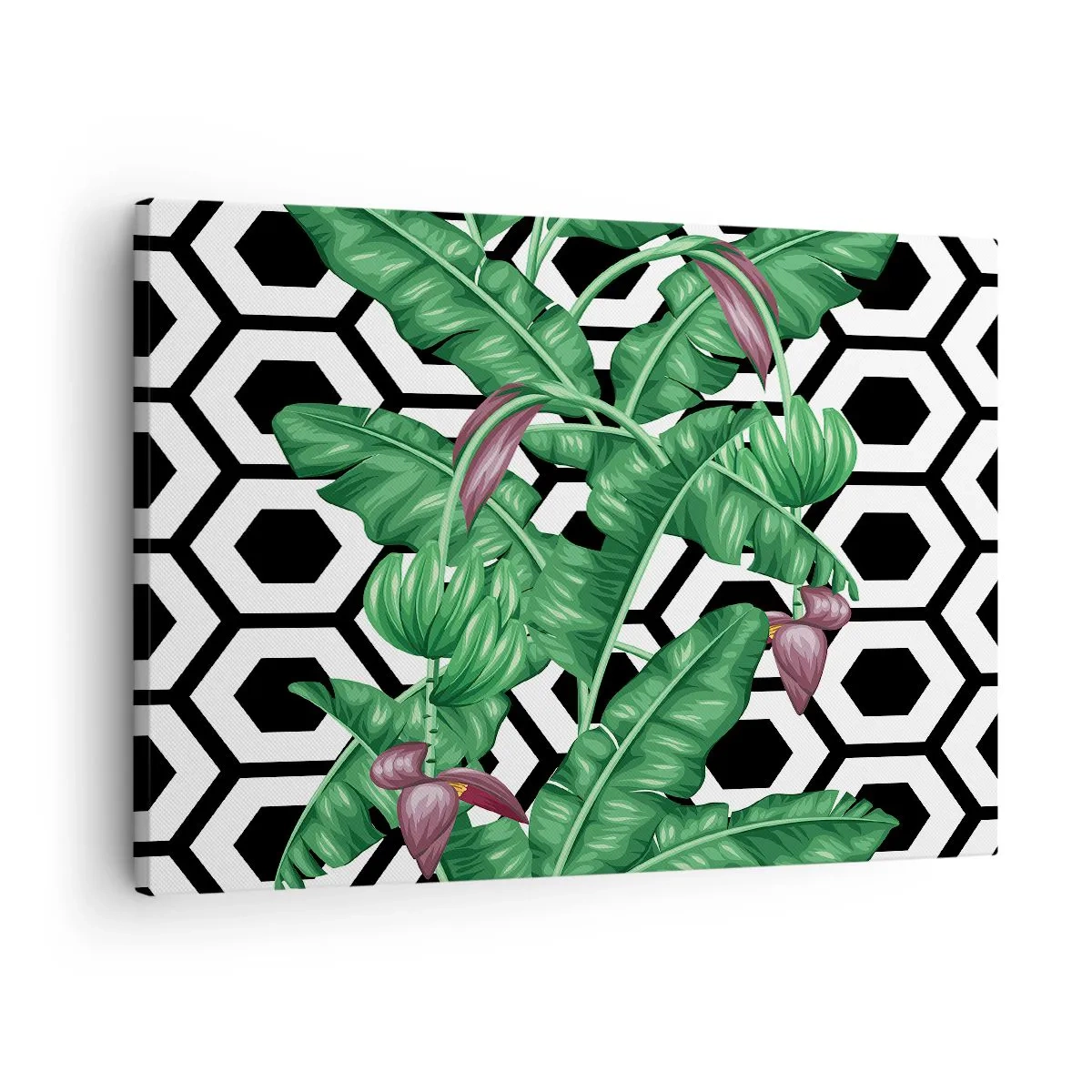 Tablou pe pânză Canvas - Frunze tropicale pe un fundal geometric - 70x50cm - Compoziție simetrică din natură - Decorațiune modernă pentru perete pentru living și dormitor ARTTOR