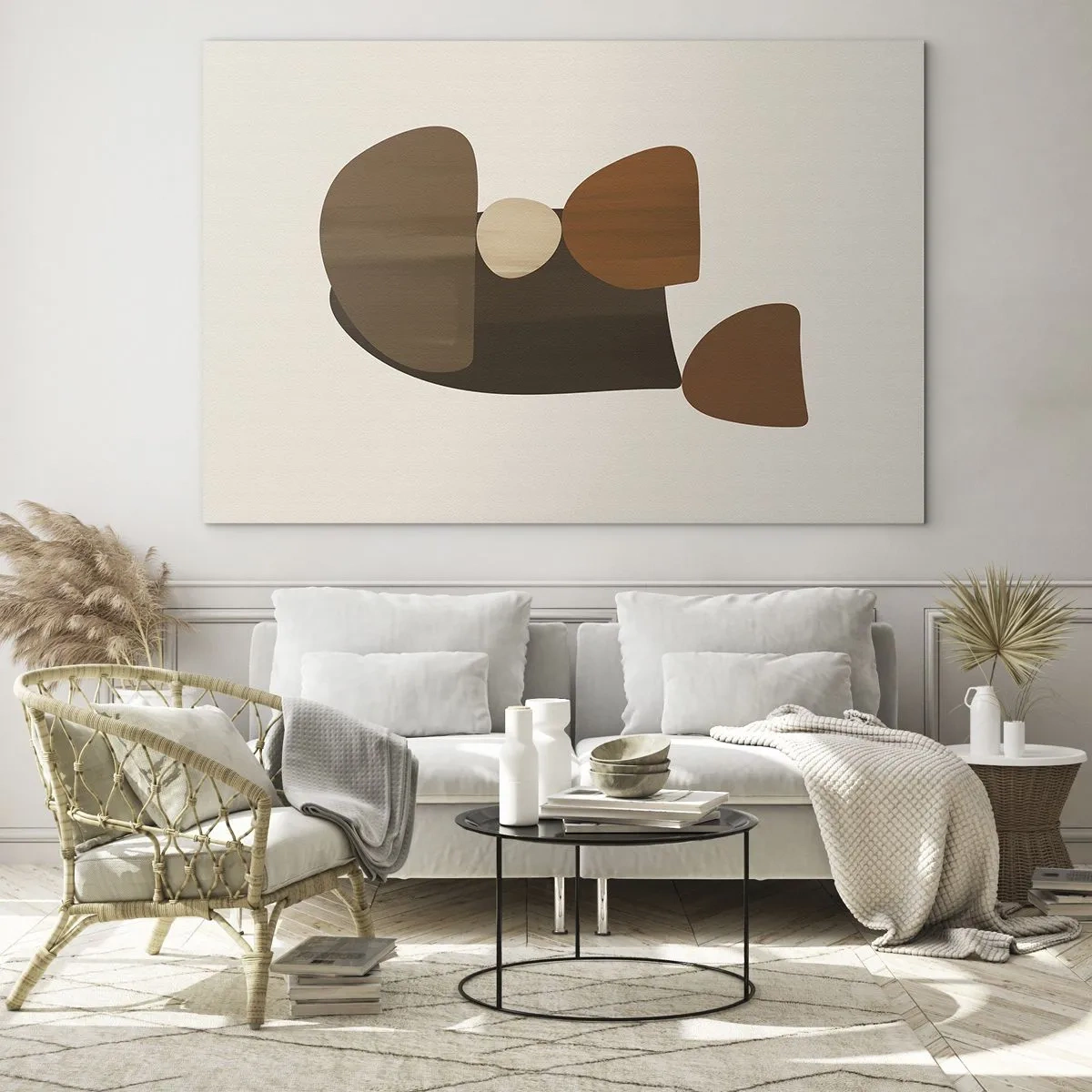Tablou pe sticlă - Compoziție abstractă în nuanțe de maro și bej - 70x50cm - Compoziție în bronz - Decorațiune modernă pentru perete pentru living și dormitor ARTTOR