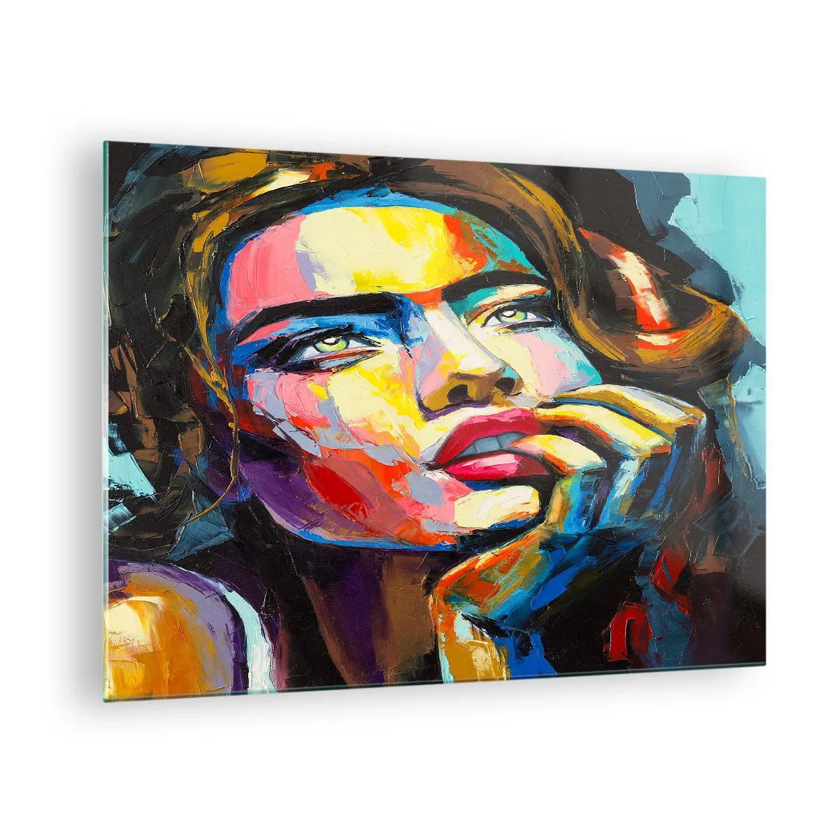 Tablou pe sticlă - Portretul unei femei în culori abstracte intense - 70x50cm - Visele ca niște păsări se înalță pe cer - Decorațiune modernă pentru perete pentru living și dormitor ARTTOR