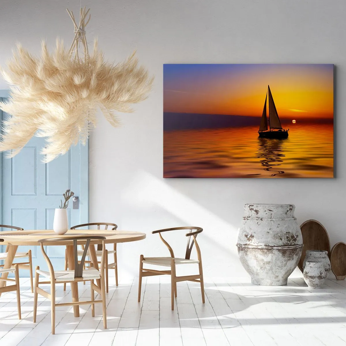 Tablou pe pânză Canvas - O barcă cu pânze pe o mare calmă la apus - 70x50cm - Ce liniște e aici la amurg... - Decorațiune modernă pentru perete pentru living și dormitor ARTTOR