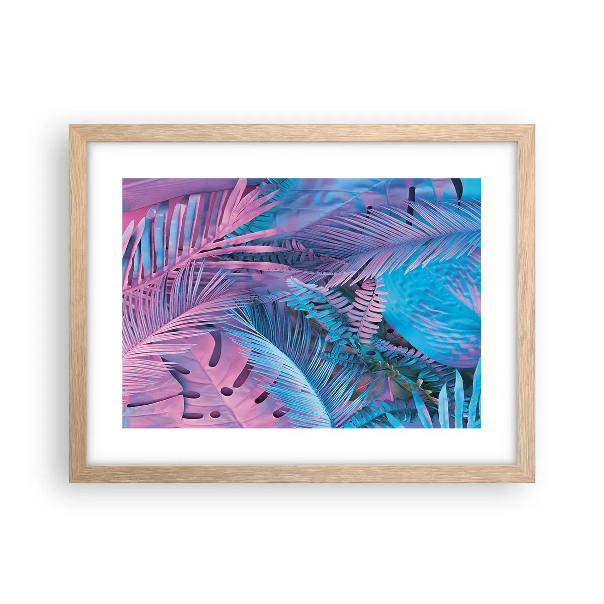 Poster în ramă de stejar deschis - Palmieri în alb și albastru - 40x30 cm