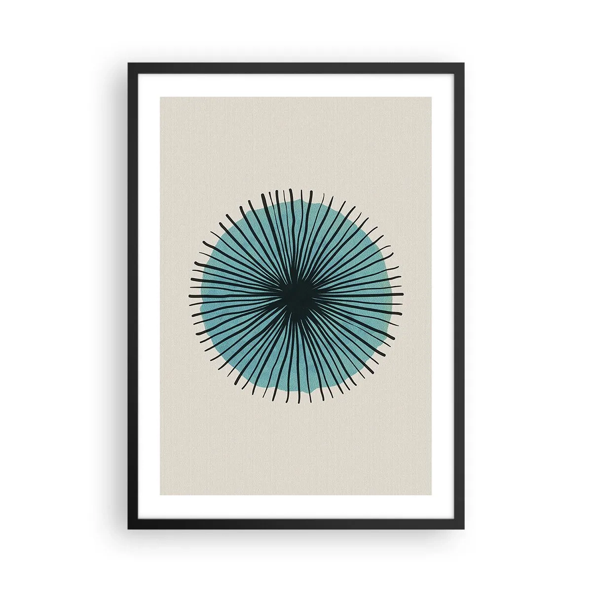 Poster în ramă neagră - Model geometric sub forma unui cerc radial - 50x70cm - Radiant pe albastru - Decorațiune modernă pentru perete pentru living și dormitor ARTTOR