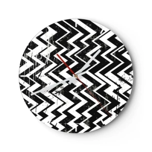 Ceas de perete - Ceas pe sticlă - Model în zig-zag alb-negru cu efect artistic distressed - 30x30cm - Zig-alb, zag-negru - Decorațiune modernă pentru perete pentru living, bucătărie și dormitor ARTTOR
