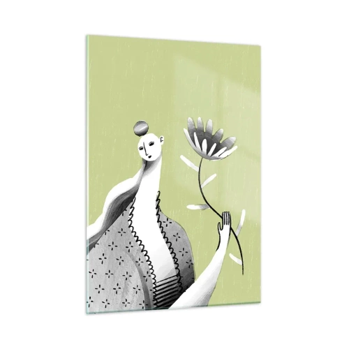 Tablou pe sticlă - Portret modernist - ținând o floare - 50x70 cm