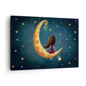 Tablou pe pânză Canvas - O fată pe Lună înconjurată de stele - 70x50cm - A fost odată ca niciodată... - Decorațiune modernă pentru perete pentru living și dormitor ARTTOR