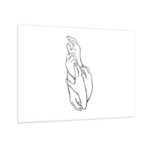 Tablou pe sticlă - Un desen liniar subtil al mâinilor împreunate pe un fundal alb. - 70x50cm - Atingere bună - Decorațiune modernă pentru perete pentru living și dormitor ARTTOR