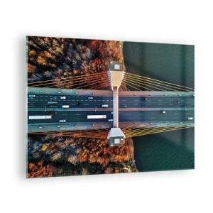 Tablou pe sticlă - Vedere aeriană a podului cu un aranjament simetric de cabluri și mașini - 70x50cm - Din pădure spre apă - Decorațiune modernă pentru perete pentru living și dormitor ARTTOR