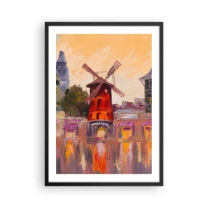 Poster în ramă neagră - O interpretare picturală a celebrei mori de vânt pe fundalul orașului - 50x70cm - Icoane pariziene - Moulin Rouge - Decorațiune modernă pentru perete pentru living și dormitor ARTTOR