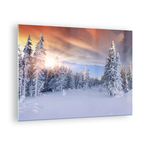 Tablou pe sticlă - Peisaj de iarnă cu copaci acoperiți de zăpadă la apus - 70x50cm - Spectacolul naturii înzăpezite - Decorațiune modernă pentru perete pentru living și dormitor ARTTOR