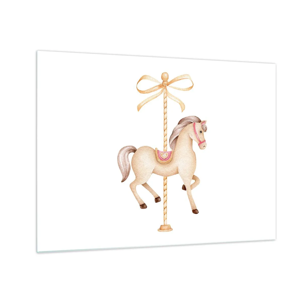 Tablou pe sticlă - Cal de carusel bej cu fundă pe fundal alb - 70x50cm - Într-un trap grațios - Decorațiune modernă pentru perete pentru living și dormitor ARTTOR