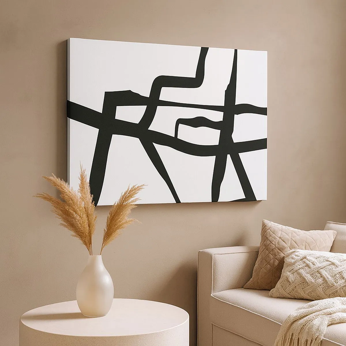 Tablou pe pânză Canvas - Model minimalist alb-negru cu linii geometrice - 70x50cm - Construcție în alb și negru - Decorațiune modernă pentru perete pentru living și dormitor ARTTOR