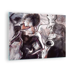 Tablou pe sticlă - Dansatori și un saxofonist într-un stil de schiță artistică - 70x50cm - Se dizolvă în muzică - Decorațiune modernă pentru perete pentru living și dormitor ARTTOR