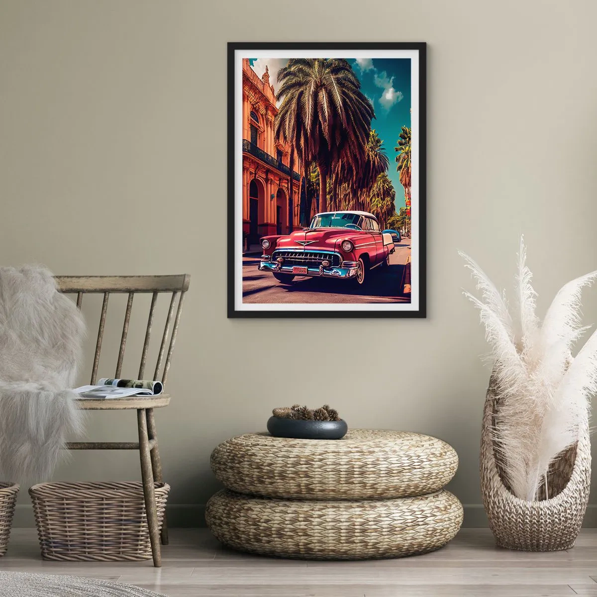 Poster în ramă neagră - O mașină clasică pe fundalul unui oraș tropical - 50x70cm - Tot în Havana - Decorațiune modernă pentru perete pentru living și dormitor ARTTOR