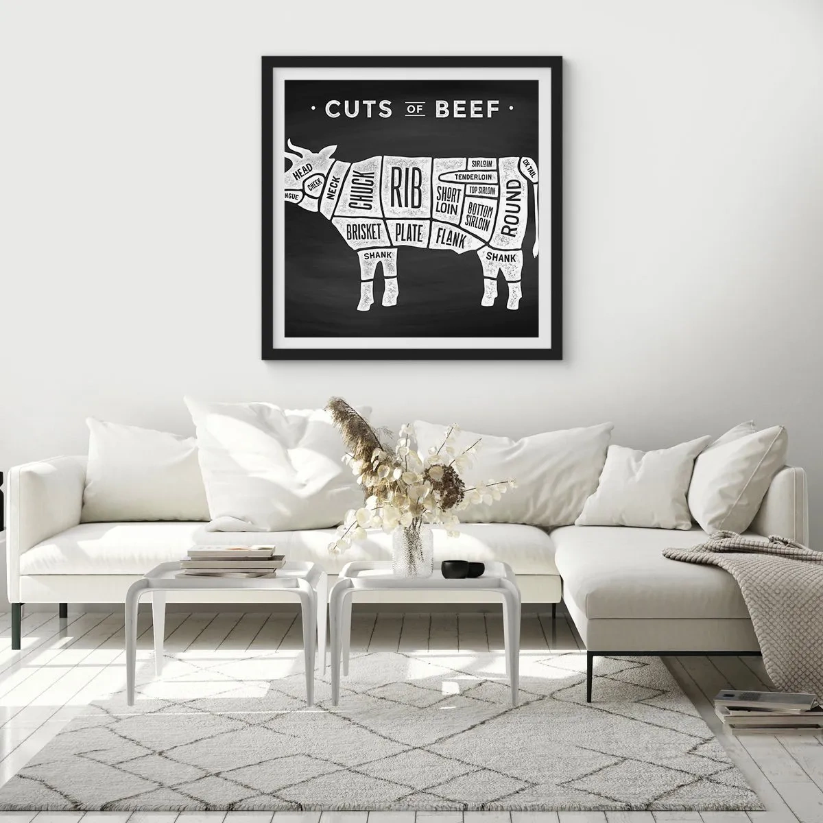 Poster în ramă neagră - Abecedar de măcelar - 50x50 cm