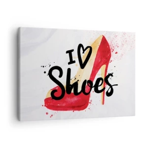 Tablou pe pânză Canvas - Stiletto roșu cu inscripția „I love Shoes” pe fundal alb - 70x50cm - Dragostea are mai multe nume - Decorațiune modernă pentru perete pentru living și dormitor ARTTOR