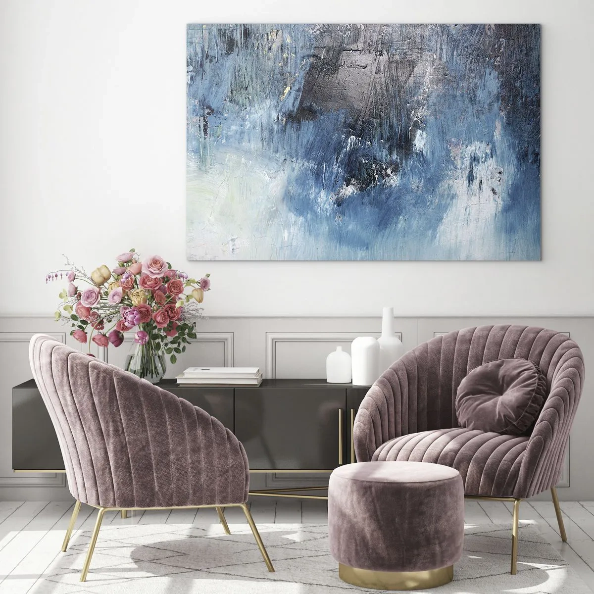 Tablou pe sticlă - Compoziție abstractă în nuanțe de albastru - 70x50cm - Rapsodie albastră - Decorațiune modernă pentru perete pentru living și dormitor ARTTOR