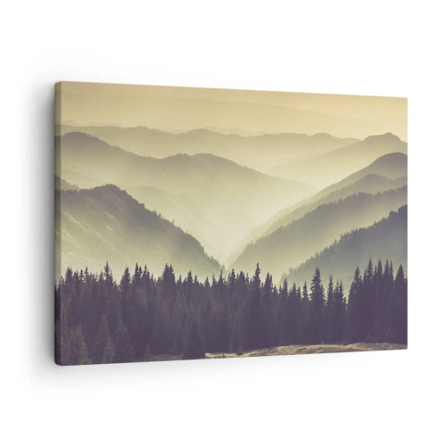Tablou pe pânză Canvas - Lanțuri muntoase pitorești învăluite în ceață, în lumină caldă - 70x50cm - Dincolo de munți... - Decorațiune modernă pentru perete pentru living și dormitor ARTTOR