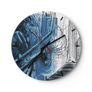 Ceas de perete - Ceas pe sticlă - Un muzician de jazz într-o interpretare artistică - 30x30cm - Rapsodie urbană - Decorațiune modernă pentru perete pentru living, bucătărie și dormitor ARTTOR