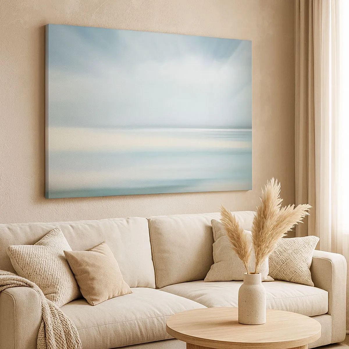 Tablou pe pânză Canvas - Un peisaj minimalist în nuanțe delicate de albastru - 70x50cm - Liniște până la orizont - Decorațiune modernă pentru perete pentru living și dormitor ARTTOR