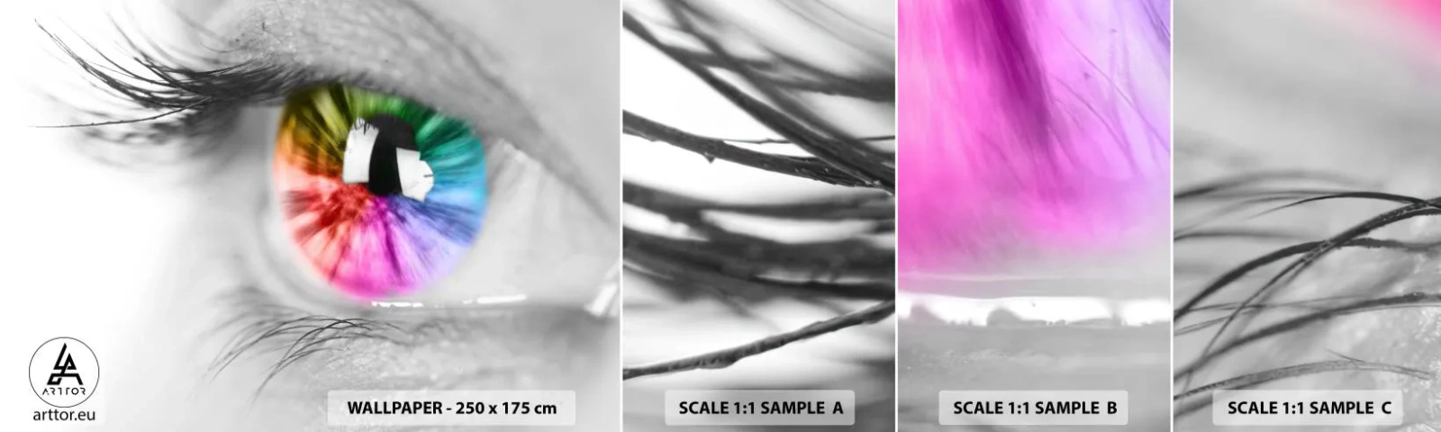 Mostră tapet autocolant Deluxe Sticker - Priviți lumea în culori - Abstracția, Ochi colorat, 3D - 100x30 cm