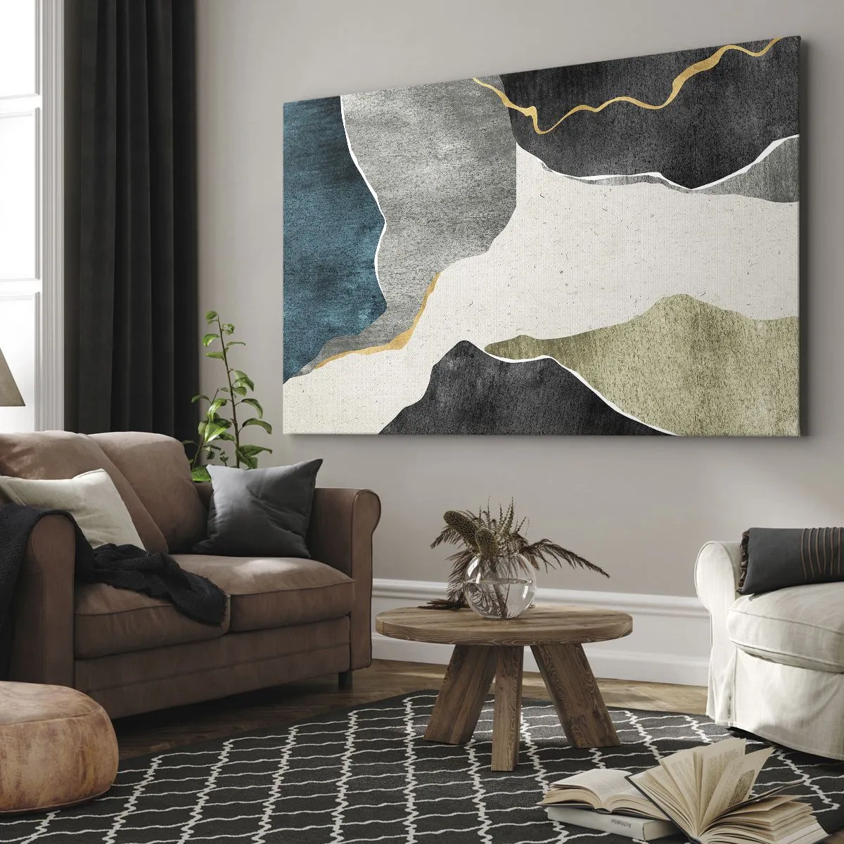 Tablou pe pânză Canvas - Forme geometrice în nuanțe de gri, verde și auriu - 70x50cm - Compoziție mozaic cu fir de aur - Decorațiune modernă pentru perete pentru living și dormitor ARTTOR