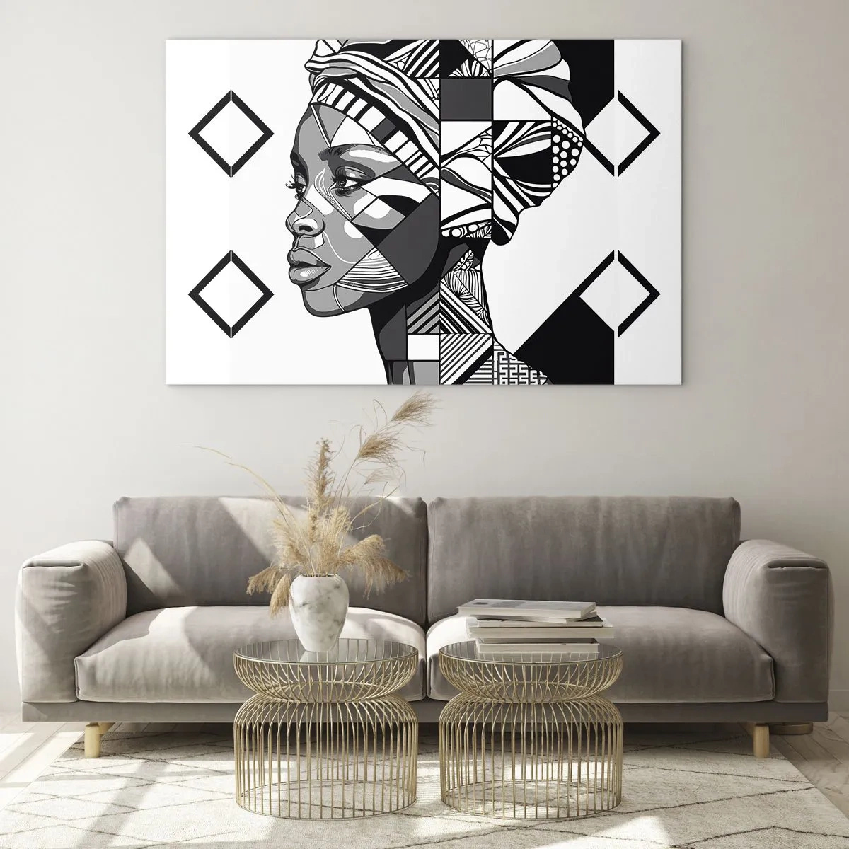 Tablou pe sticlă - Portret etnic alb-negru al unei femei cu modele geometrice - 70x50cm - Portret etnic - Decorațiune modernă pentru perete pentru living și dormitor ARTTOR