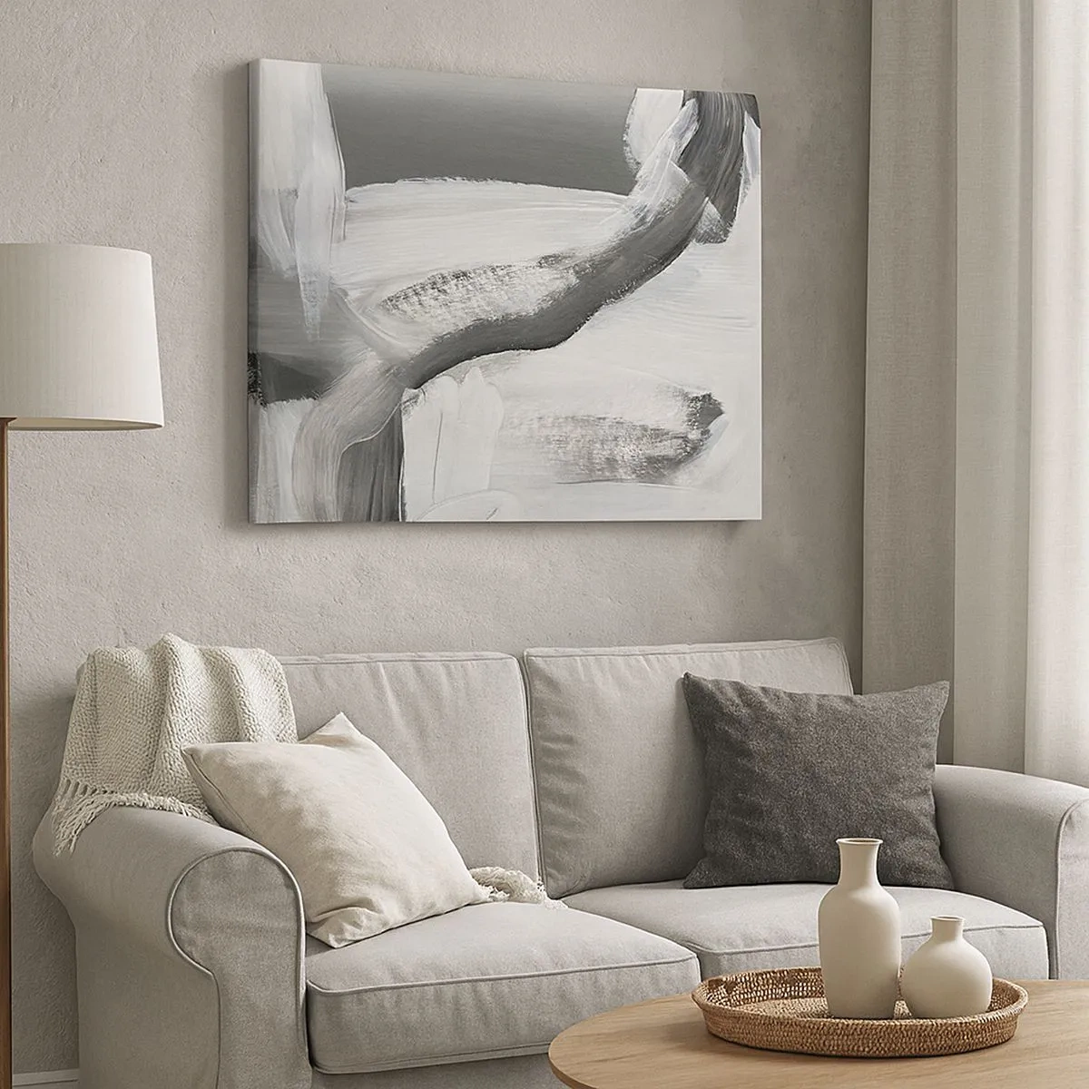 Tablou pe pânză Canvas - Abstracție gri și albă cu linii dinamice - 70x50cm - Cu o mișcare decisivă - Decorațiune modernă pentru perete pentru living și dormitor ARTTOR