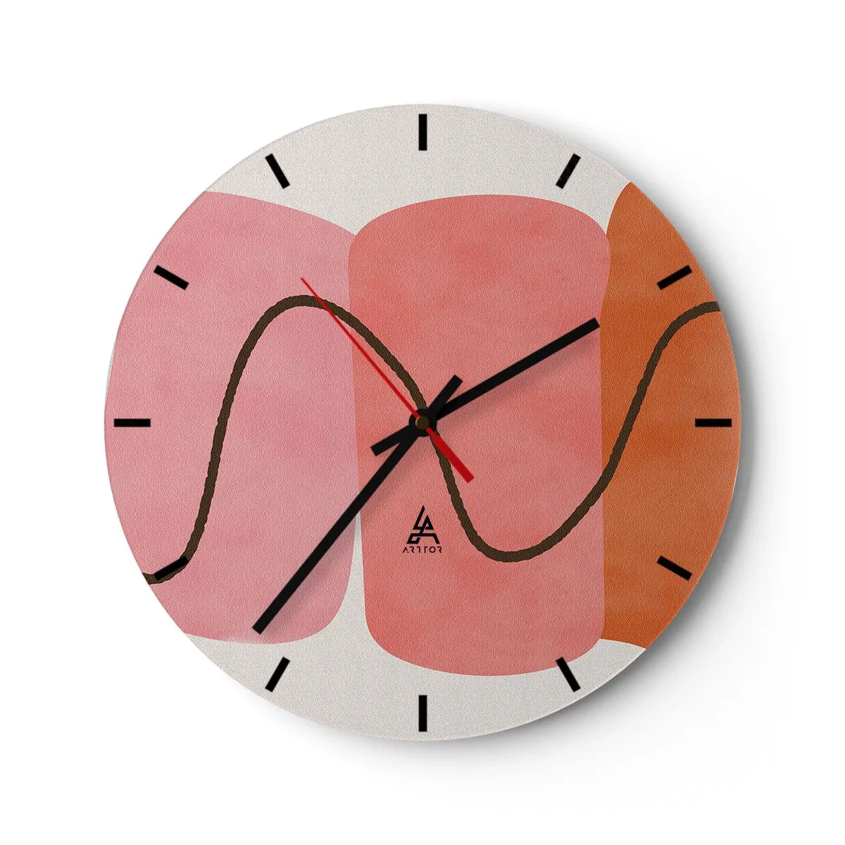Ceas de perete - Ceas pe sticlă - Forme abstracte în nuanțe de roz și portocaliu cu linii ondulate - 30x30cm - Mișcarea blândă a formelor - Decorațiune modernă pentru perete pentru living, bucătărie și dormitor ARTTOR