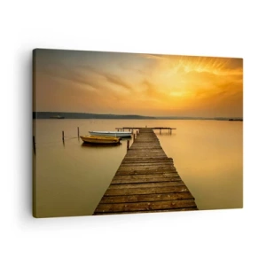 Tablou pe pânză Canvas - ponton din lemn și bărci pe lac la apus - 70x50cm - Îți voi deschide cerul de aur - Decorațiune modernă pentru perete pentru living și dormitor ARTTOR