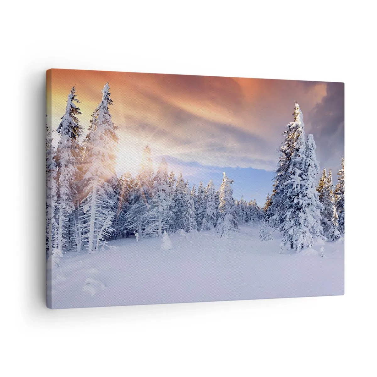 Tablou pe pânză Canvas - Peisaj de iarnă cu o pădure acoperită de zăpadă la apus - 70x50cm - Spectacolul naturii înzăpezite - Decorațiune modernă pentru perete pentru living și dormitor ARTTOR