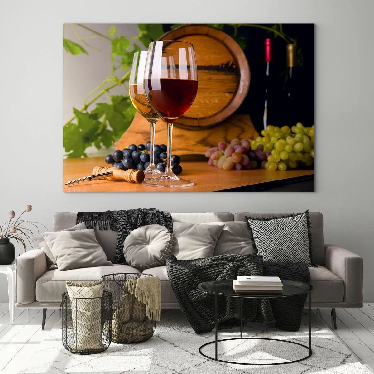 Tablou pe sticlă - Pahare de vin, struguri și un butoi pe un fundal de frunze de viță - 70x50cm - Ca la vechii maeștri - Decorațiune modernă pentru perete pentru living și dormitor ARTTOR