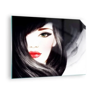 Tablou pe sticlă - Portretul unei femei cu păr negru și buze roșii expresive - 70x50cm - Privirea de safir - Decorațiune modernă pentru perete pentru living și dormitor ARTTOR