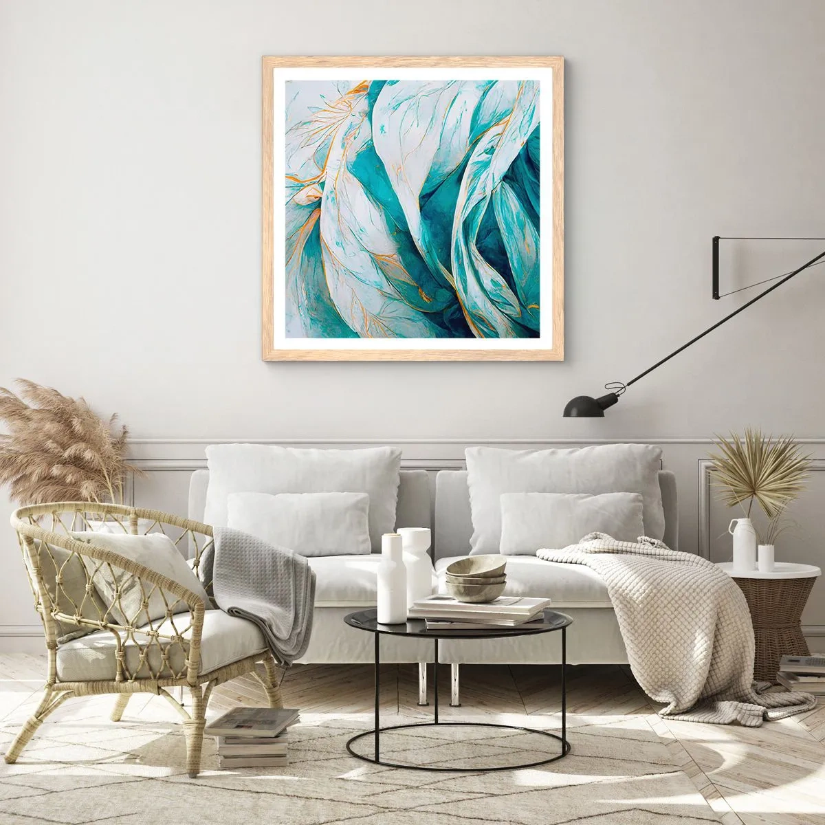 Poster în ramă de stejar deschis - Abstractul albastru cu motiv auriu - 40x40 cm