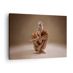 Tablou pe pânză Canvas - Siluetă artistică a unei femei pe un fundal bej - 70x50cm - Unitatea trupului și a spiritului - Decorațiune modernă pentru perete pentru living și dormitor ARTTOR