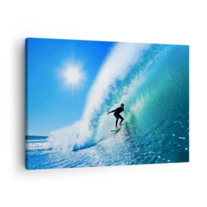 Tablou pe pânză Canvas - Un surfer pe o placă se plimbă în interiorul unui val puternic sub un cer albastru. - 70x50cm - Prin marele albastru - Decorațiune modernă pentru perete pentru living și dormitor ARTTOR