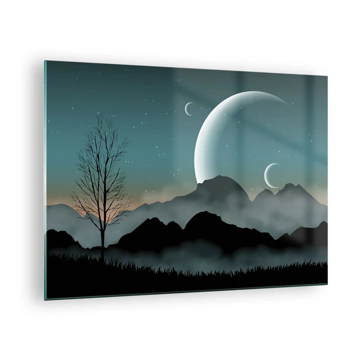 Tablou pe sticlă - Luni peste munți cu un copac singuratic și stele - 70x50cm - Carnavalul unei nopți înstelate - Decorațiune modernă pentru perete pentru living și dormitor ARTTOR