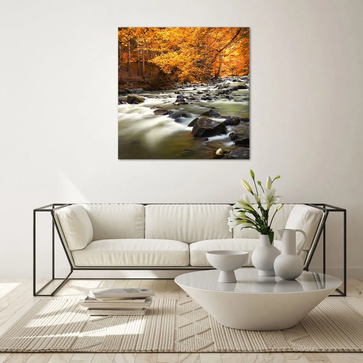 Tablou pe sticlă - Un pârâu într-o pădure de aur - 40x40 cm