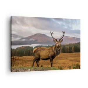 Tablou pe pânză Canvas - Un cerb pe fundalul unui peisaj montan cu lacuri și păduri - 70x50cm - Măreția naturii - Decorațiune modernă pentru perete pentru living și dormitor ARTTOR